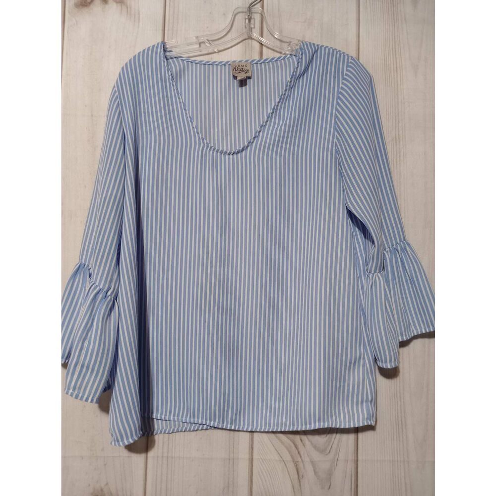 Como Vintage Shirt Ladies Small Blue White Striped Bell Sleeve Light Weight